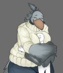accessory ambiguous_gender anthro avian beak big_breasts bird breasts clothed clothing curvy_figure eyes_closed face_in_breasts feathers female grey_background grey_body grey_feathers hair_accessory hair_tie head_feathers hi_res huge_breasts humanoid larger_anthro larger_female mature_female nude pelecaniform seb_valenz sheila_(seb_valenz) shoebill simple_background size_difference slightly_chubby smaller_ambiguous smaller_humanoid smile tail tail_feathers thick_thighs voluptuous voluptuous_anthro voluptuous_female wide_hips winged_arms wings