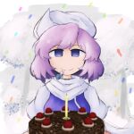  1girl absurdres blue_eyes cake candle closed_mouth confetti food highres iesonatana letty_whiterock looking_at_viewer purple_hair short_hair smile solo touhou upper_body white_headwear 