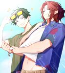  2boys absurdres araki_(utaite) beads blue_jacket brown_pants closed_eyes closed_mouth clothes_lift clothes_pull gero glasses green_hair green_shirt highres indie_utaite jacket jewelry male_focus midriff multiple_boys navel necklace nyannyan_321 pants red_eyes red_hair shirt shirt_lift shirt_pull short_hair smile stomach tassel teeth wet white_shirt yellow-framed_eyewear 