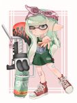  1girl absurdres bandaid bandaid_on_leg basketball_jersey blaster_(splatoon) border bow bow_hairband closed_mouth commentary cross-laced_footwear eyebrows_hidden_by_hair full_body green_hair grey_eyes gun hair_bow hairband highres holding holding_gun holding_weapon inkling inkling_girl inkling_player_character lemo_(lemo_4) long_hair one_eye_closed outside_border pointy_ears reaching reaching_towards_viewer red_background red_bow red_footwear red_hairband shoes solo splatoon_(series) splatoon_3 standing standing_on_one_leg tentacle_hair thick_eyebrows weapon white_border 