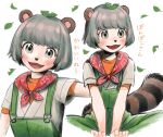  1girl :3 animal_ears animal_nose bandana_around_neck blush butterfly_sitting character_name commentary cropped_legs falling_leaves green_overalls grey_eyes grey_hair grey_shirt hands_on_own_legs highres layered_shirt leaf leaf_on_head mode_aim multiple_views open_mouth orange_shirt ponpoko_(vtuber) raccoon_ears raccoon_girl raccoon_tail shirt short_hair short_sleeves sitting smile tail translation_request utochan_(uptkop) virtual_youtuber white_background 