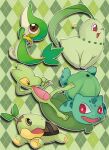  argyle_background bulbasaur chikorita gg_dal no_humans pokemon pokemon_(creature) snivy treecko turtwig 