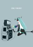  1girl absurdres aqua_hair bananafish1111 bare_shoulders blue_background boots commentary_request detached_sleeves english_text hatsune_miku headphones highres long_hair microphone microphone_stand project_sekai simple_background sleeves_past_wrists solo television thigh_boots twintails vocaloid 