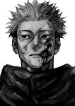  1boy blood blood_on_face closed_mouth greyscale highres hood hood_down hoodie itadori_yuuji jujutsu_kaisen male_focus monochrome scar scar_on_face short_hair simple_background solo teeth upper_body wasabi_suk0 