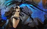  arm_cannon bad_id bad_pixiv_id belt black_hair black_rock_shooter black_rock_shooter_(character) blue_eyes breasts burning_eye front-tie_top highres jacket long_hair midriff navel samui_amekemuri small_breasts solo sword twintails uneven_twintails weapon 