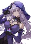  1girl bare_shoulders black_gloves black_swan_(honkai:_star_rail) breasts cleavage commentary_request covered_nipples dress elbow_gloves gloves grey_eyes grey_hair honkai:_star_rail honkai_(series) large_breasts long_hair looking_at_viewer parted_lips purple_dress simple_background sleeveless sleeveless_dress smile solo upper_body usamochi. veil very_long_hair white_background 
