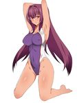  armpits arms_behind_head blush breasts competition_swimsuit covered_navel covered_nipples fate/grand_order fate_(series) groin highres kagemusha kneeling large_breasts long_hair looking_at_viewer one-piece_swimsuit purple_hair red_eyes scathach_(fate)_(all) scathach_(fate/grand_order) simple_background solo swimsuit tan white_background 