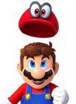  absurdres blue_eyes brown_hair cappy_(mario) facial_hair hat highres mario mario_(series) mustache official_art overalls red_hat red_shirt shirt smile super_mario_bros. super_mario_odyssey transparent_background 