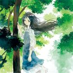  1girl black_eyes black_hair blue_dress day dress floating_hair forest hand_up long_hair long_sleeves looking_at_viewer moekon mori_girl nature original outdoors painting_(medium) parted_lips sidelocks sky solo standing traditional_media tree two-tone_dress watercolor_(medium) white_dress 