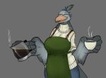 accessory anthro apron avian barista beak beverage big_breasts bird breasts clothed clothing coffee coffee_mug curvy_figure eyes_closed feathers female grey_background grey_body grey_feathers hair_accessory hair_tie head_feathers hi_res huge_breasts mature_female open_mouth pelecaniform seb_valenz sheila_(seb_valenz) shoebill simple_background slightly_chubby smile sweater tail tail_feathers thick_thighs topwear turtleneck voluptuous voluptuous_anthro voluptuous_female wide_hips winged_arms wings