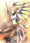  artist_name between_legs blonde_hair blue_eyes bodysuit breasts brown_legwear cloud cowboy_shot faulds glowing glowing_wings greaves hair_tie high_ponytail holding holding_staff large_breasts light_particles light_smile looking_at_viewer mechanical_halo mechanical_wings mercy_(overwatch) mizonaki overwatch pantyhose pelvic_curtain signature solo spread_wings staff wings yellow_wings 