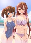  2girls bikini blue_eyes blue_one-piece_swimsuit blush bodypaint bow breasts brown_hair bunji cleft_of_venus closed_eyes completely_nude hair_bow hair_ornament hairclip highres konoe_haruka konoe_kanata large_breasts light_brown_hair long_hair looking_at_viewer love_live! love_live!_nijigasaki_high_school_idol_club medium_hair multiple_girls navel nipples nude one-piece_swimsuit open_mouth outdoors painted_clothes pink_bikini pussy siblings sisters standing striped_bikini striped_clothes sweatdrop swimsuit twintails 