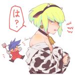  2boys ? androgynous animal_costume animal_ears animal_print annoyed artist_name bare_shoulders bell blue_hair blush chibi commentary cow_costume cow_ears cow_print cowbell crossed_arms from_side galo_thymos gloves green_hair highres kome_1022 lio_fotia long_sleeves looking_to_the_side male_focus mohawk multiple_boys open_mouth otoko_no_ko piercing pink_eyes pitchfork promare short_hair sidelocks simple_background smile spiked_hair translated upper_body white_background 