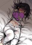  1boy bed_sheet black_hair blush box danganronpa_(series) danganronpa_v3:_killing_harmony flipped_hair grey_jacket grey_pants hair_between_eyes heart-shaped_box highres holding holding_box jacket kuchi_~ie lying navel oma_kokichi on_back open_pants pants pink_eyes sleeves_past_wrists solo 