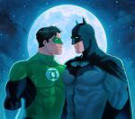  2boys absurdres bara batman batman_(series) black_bodysuit black_cape black_gloves bodysuit brown_hair bruce_wayne cape closed_mouth dc_comics domino_mask full_moon gloves green_bodysuit green_lantern green_lantern_(series) grey_bodysuit hal_jordan haljordanmylove highres large_pectorals male_focus mask moon multiple_boys muscular muscular_male night night_sky outdoors pectorals short_hair sky smile star_(sky) superhero two-tone_bodysuit upper_body white_gloves yaoi 