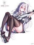  1girl absurdres aperture assault_rifle blue_archive blush bow bowtie breasts brown_thighhighs character_name flashbang full_body grey_hair grey_shirt grey_skirt gun halo head_wings highres holding holding_gun holding_weapon id_card long_hair long_sleeves looking_at_viewer no_shoes panties pantyshot red_bow red_bowtie red_eyes rifle school_uniform shirt sig_mcx sig_sauer signature single_head_wing skirt soles solo suzumi_(blue_archive) thighhighs toes underwear weapon white_background white_panties white_wings wings 