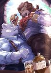  2boys animal_ears bara bear_boy bear_ears beard blush bottle brown_fur collared_shirt couple denim eye_contact facial_hair formal from_above full_beard furry furry_male furry_with_furry highres jeans kemoodaisuki large_hands large_pectorals lifting_person lion_boy lion_ears lion_mane looking_at_another male_focus mature_male multiple_boys muscular muscular_male necktie original paid_reward_available pants pectorals profile seductive_smile shirt smile suspenders thick_beard thick_eyebrows thick_thighs thighs tusks white_fur wine_bottle yaoi 