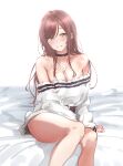  1girl bare_legs bare_shoulders bed_sheet belt_buckle black_choker blush breasts brown_hair buckle choker cleavage collarbone commentary dress feet_out_of_frame highres idolmaster idolmaster_shiny_colors long_hair looking_at_viewer medium_breasts natsumegu_(yvku8527) off-shoulder_dress off_shoulder osaki_amana sitting smile solo straight_hair very_long_hair white_dress 