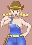  :d bare_arms bare_shoulders belt blonde_hair blush breasts brown_hat buttons collarbone cowboy_hat cowboy_shot denim hat large_breasts lasso long_hair looking_at_viewer nakaba naked_overalls nipples npc_trainer open_mouth overalls pink_background pokemon pokemon_(game) pokemon_breeder_(pokemon) pokemon_sm rope sideboob simple_background smile solo standing suspenders teeth tongue twintails yellow_eyes 
