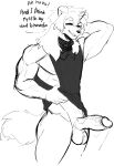 2023 anthro arknights balls bottomless canid canine canis clothed clothing dialogue domestic_dog english_text erection genitals hair hi_res humanoid_genitalia humanoid_penis hung_(arknights) hypergryph long_hair looking_at_viewer male mammal monochrome muscular muscular_anthro muscular_male penis presenting presenting_penis sketch solo studio_montagne tail text topwear topwear_only yummi_yam_i