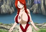  1girl areola areola_slip areolae bikini braid breasts cleavage erect_nipples fairy_tail flare_corona greengiant2012 huge_breasts long_hair navel red_eyes red_hair sling_bikini solo standing swimsuit 