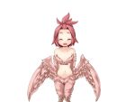  1girl bare_shoulders bird_legs blush bmp-to-png_conversion closed_mouth feathers frfr hair_intakes harpy medium_hair midriff mon-musu_quest! monster_girl navel non-web_source open_mouth pii_(mon-musu_quest!) ponytail red_feathers red_hair red_wings solo transparent_background winged_arms wings 