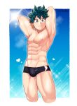  1boy abs armpits arms_up black_male_underwear boku_no_hero_academia closed_mouth green_eyes green_hair highres male_focus male_underwear midoriya_izuku muscular muscular_male nipples short_hair solo underwear yazaki_(yazakc) 