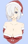  absurdres bare_shoulders blue_background blue_eyes breasts cleavage donguri_suzume fur_trim hair_ornament hair_over_one_eye hairclip hamakaze_(kantai_collection) hat highres kantai_collection large_breasts looking_at_viewer open_mouth santa_hat silver_hair simple_background solo upper_body 