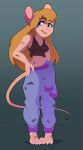 2024 anthro barefoot black_clothing black_shirt black_tank_top black_topwear blonde_hair blue_bottomwear blue_clothing blue_eyes blue_pants bottomwear breasts chip_&#039;n_dale_rescue_rangers clothing digital_media_(artwork) disney feet female gadget_hackwrench hair hand_on_hip hi_res mammal mewmus mouse murid murine navel nipple_outline pants rodent shirt simple_background smile solo standing tail tank_top topwear