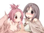  1boy 2girls bangs_pinned_back bare_shoulders blush bmp-to-png_conversion breasts brown_eyes brown_feathers brown_hair brown_wings censored cleavage feathered_wings feathers harpy long_hair looking_at_penis medium_breasts mon-musu_quest! monster_girl mosaic_censoring multiple_girls non-web_source open_mouth penis pii_(mon-musu_quest!) pina_(mon-musu_quest!) pov red_hair siblings sisters small_breasts tank_top transparent_background winged_arms wings 