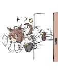  !? 1girl absurdres agnes_tachyon_(umamusume) ahoge animal_ears brown_eyes commentary door grey_pantyhose hair_between_eyes highres horse_ears horse_girl lab_coat loafers long_sleeves medium_hair nekomimi_sukinosuke pantyhose shoes sleeves_past_fingers sleeves_past_wrists sliding_doors sound_effects spoken_interrobang tail tail_through_clothes translated umamusume 