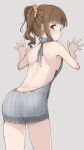  1girl ass back bare_back bare_shoulders blush breasts brown_eyes brown_hair brown_scrunchie closed_mouth cowboy_shot from_behind grey_background grey_sweater hair_ornament hair_scrunchie halterneck hands_up idolmaster idolmaster_cinderella_girls idolmaster_cinderella_girls_starlight_stage igarashi_kyoko long_hair looking_at_viewer looking_back medium_breasts meme_attire minori_(m-noir) naked_sweater puff_of_air scrunchie side_ponytail sideboob simple_background sleeveless sleeveless_sweater sleeveless_turtleneck solo standing sweater turtleneck turtleneck_sweater virgin_killer_sweater 