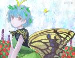  1girl alt_text antennae blue_hair brown_eyes butterfly_wings chisa_yasunaga closed_mouth commentary_request dated dress eternity_larva fairy green_dress insect_wings leaf leaf_on_head light_blue_hair multicolored_clothes multicolored_dress parted_lips revision short_hair short_sleeves signature solo touhou upper_body wings 
