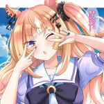  1girl animal_ears breasts collarbone commentary_request double_v espoir_city_(umamusume) fingernails gyaru hair_ornament horse_ears horse_girl liukensama looking_at_viewer medium_breasts one_eye_closed open_mouth orange_hair portrait sky solo translation_request umamusume v 