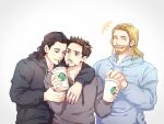  3boys animification arm_around_neck avengers_(series) beard black_hair black_hoodie blonde_hair blue_hoodie brothers brown_eyes brown_hair chinese_commentary closed_eyes coffee_cup cup disposable_cup drinking_straw facial_hair fingernails green_eyes grey_hoodie hand_up hands_up highres holding holding_cup hood hoodie loki_(marvel) long_hair long_sleeves looking_at_another looking_down male_focus marvel marvel_cinematic_universe medium_hair multiple_boys open_mouth puffy_long_sleeves puffy_sleeves short_hair siblings simple_background smile standing thor_(marvel) tony_stark white_background wodeyongheng 