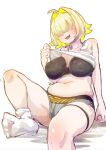  1girl ahoge arm_support black_sports_bra blonde_hair breasts breasts_apart clothes_lift collarbone covered_nipples elegg_(nikke) ex-mist fang foot_out_of_frame goddess_of_victory:_nikke grey_shorts hair_intakes hair_over_eyes head_tilt large_breasts medium_hair muffin_top multicolored_hair navel open_mouth plump shorts simple_background sitting socks solo sports_bra thick_thighs thigh_strap thighs two-tone_hair white_background white_socks 