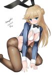  1girl absurdres animal_ears bikini black_bow black_bowtie black_pantyhose blonde_hair blue_eyes bow bowtie hair_bun highres kantai_collection long_hair maru_(marg0613) meme_attire one-hour_drawing_challenge pantyhose rabbit_ears ranger_(kancolle) reverse_bunnysuit reverse_outfit shrug_(clothing) single_hair_bun solo swimsuit white_bikini 