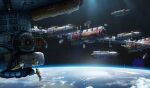  3others dock edouard_groult helmet highres multiple_others original planet scenery science_fiction space space_elevator space_helmet space_station spacecraft spacesuit 