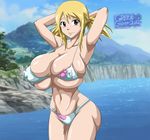  1girl areola areola_slip areolae bikini blonde_hair breasts brown_eyes cleavage erect_nipples fairy_tail greengiant2012 huge_breasts looking_at_viewer lucy_heartfilia micro_bikini navel smile solo standing swimsuit twintails 