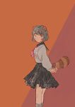  1girl :&lt; alternate_costume animal_ears animal_nose arms_behind_back black_sailor_collar black_skirt feet_out_of_frame from_side furrowed_brow grey_hair grey_shirt grey_socks half-closed_eyes highres kneehighs long_sleeves looking_at_viewer looking_to_the_side mode_aim momoco_(momco04) neckerchief orange_background own_hands_together pleated_skirt ponpoko_(vtuber) raccoon_ears raccoon_girl raccoon_tail red_background red_neckerchief sailor_collar school_uniform serafuku shirt short_hair sidelighting skirt socks solo standing tail two-tone_background virtual_youtuber white_shirt 