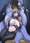  1girl absurdres antlers areola_slip arm_up armpits asymmetrical_antlers azur_lane azur_lane:_slow_ahead bandaged_wrist bandages black_choker black_hair black_nails black_pants blue_eyes breast_curtains breasts chain choker covered_nipples deer_antlers golden_hind_(azur_lane) grabbing grabbing_another&#039;s_breast halterneck highres hitodama horns huge_breasts long_hair long_long_life looking_at_viewer mole mole_under_mouth navel open_mouth pants reindeer_antlers revealing_clothes sitting solo stomach tentacle_between_breasts tentacles tongue tongue_out very_long_hair 
