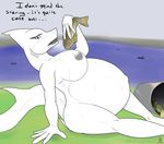  albino anthro areola belly big_belly big_breasts boat breasts dialogue female fin fish gills kick looking_at_viewer m-p-l marine navel nipples nude open_mouth pregnant sea shark simple_background sitting sky solo stuffing teeth text vehicle water 