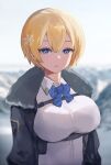  1girl arms_at_sides black_coat blonde_hair blue_eyes blurry blurry_background bow bowtie breasts closed_mouth coat collared_shirt expressionless girls&#039;_frontline hair_ornament highres large_breasts looking_at_viewer mole mole_under_eye open_clothes open_coat outdoors shirt short_hair sidelocks snowflake_hair_ornament solo standing vsk-94_(girls&#039;_frontline) white_shirt yoopooh 