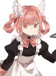  1girl apron black_dress closed_mouth dress gg_dal hair_rings heterochromia holding holding_tray juliet_sleeves long_sleeves looking_at_viewer maid_apron original pink_hair puffy_sleeves red_eyes simple_background solo tray upper_body white_apron white_background 