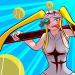  blonde_hair blue_eyes breasts hakodate_omiko kill_la_kill large_breasts long_tongue ponytails shark_teeth tennis_balls 