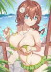  1girl beach bikini bikini_skirt blue_eyes blue_sky blush breasts brown_hair cleavage cloud collarbone commentary day emma_verde flower freckles frilled_bikini frills green_bikini hair_between_eyes hair_flower hair_ornament highres holding holding_clothes holding_swimsuit horizon jewelry kangbus large_breasts looking_at_viewer love_live! love_live!_nijigasaki_high_school_idol_club low_twintails medium_hair navel necklace ocean outdoors rock sand shore sky smile solo string_bikini swimsuit twintails untied_bikini upper_body water white_flower 