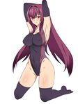  armpits arms_behind_head black_gloves black_legwear blush breasts competition_swimsuit covered_navel covered_nipples elbow_gloves fate/grand_order fate_(series) gloves groin highres kagemusha kneeling large_breasts long_hair looking_at_viewer one-piece_swimsuit purple_hair red_eyes scathach_(fate)_(all) scathach_(fate/grand_order) simple_background solo swimsuit thighhighs white_background 