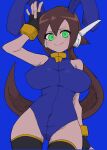  1girl absurdres aile_(mega_man_zx) animal_ears bare_shoulders black_thighhighs blue_background blue_leotard blush bow breasts brown_hair buzzlyears covered_nipples detached_collar glowing glowing_eyes green_eyes highres large_breasts leotard long_hair looking_at_viewer mega_man_(series) mega_man_zx mega_man_zx_advent playboy_bunny ponytail rabbit_ears robot_ears simple_background smile solo thighhighs upper_body 