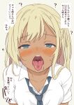  1girl ? absurdres blonde_hair blue_eyes blush breasts collared_shirt daipunch dark-skinned_female dark_skin from_above half-closed_eyes highres mouth_focus necktie open_mouth oral_invitation original saliva sexually_suggestive shirt solo tan teeth tongue tongue_out translation_request upper_body uvula white_shirt 