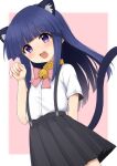  1girl :d animal_collar animal_ear_fluff animal_ears arm_behind_back bell black_skirt blunt_bangs blunt_ends blush border bow cat_ears cat_girl cat_tail collar commentary cowboy_shot flat_chest floating_hair furude_rika hand_up highres higurashi_no_naku_koro_ni jingle_bell kemonomimi_mode long_hair looking_at_viewer neck_bell open_mouth paw_pose pink_background pink_bow pleated_skirt poyadevil purple_eyes shirt short_sleeves sidelocks simple_background skirt smile solo suspender_skirt suspenders tail tail_raised tareme teeth upper_teeth_only white_border white_shirt 
